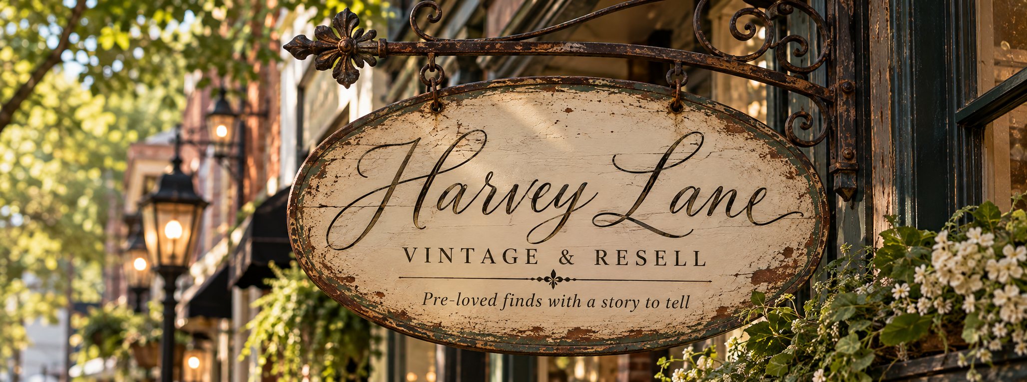 The Harvey Lane hanging sign, an oval painted sign on a wrought-iron bracket above a tree-lined street with gas lamps and flowering window boxes